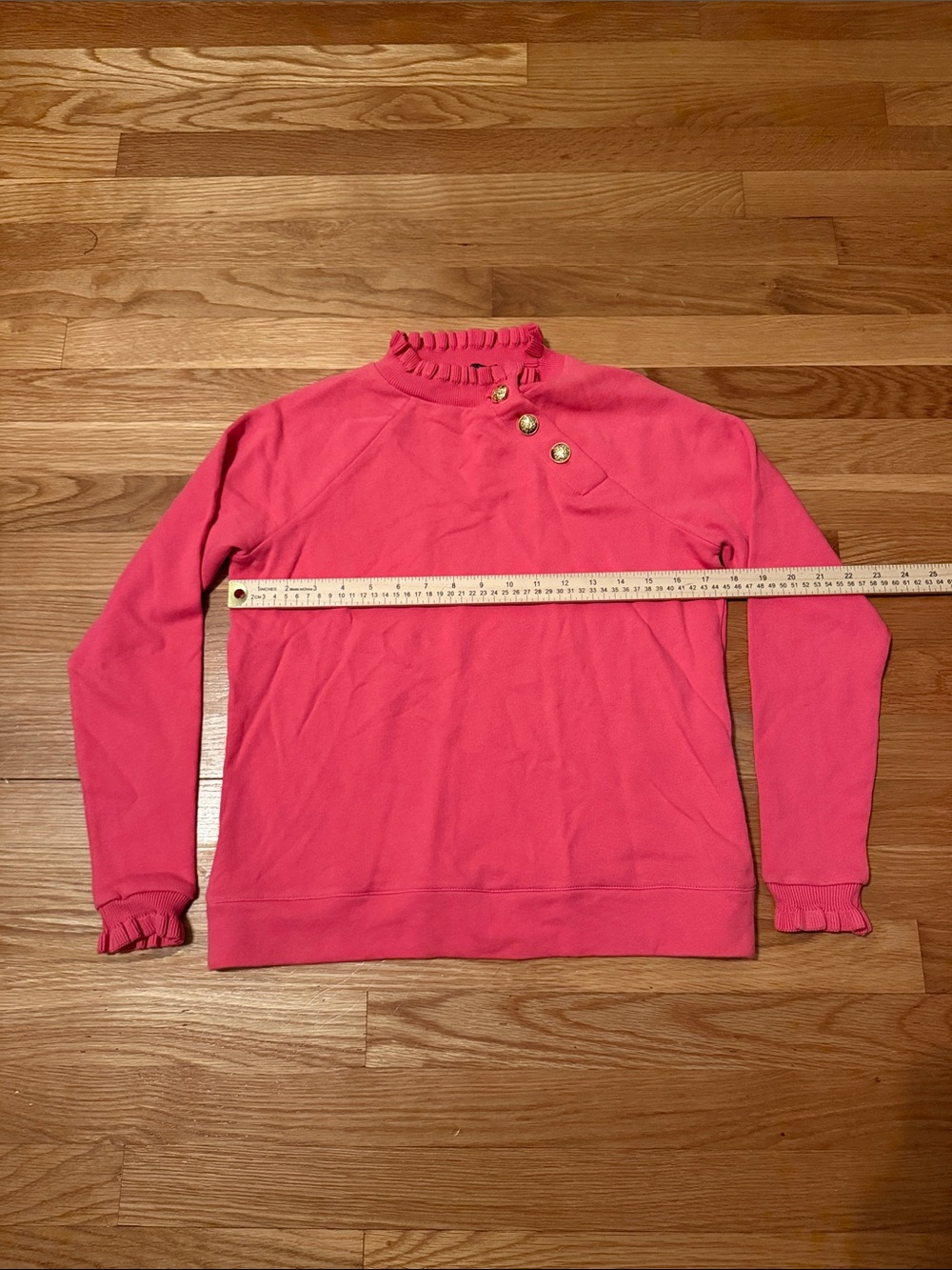 Talbots Pink Ruffle-Neck Sweatshirt with Gold Buttons - Picture 3 of 9